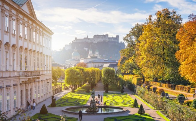 Mirabell gardens in Salzburg with a view of the Hohensalzburg Fortress